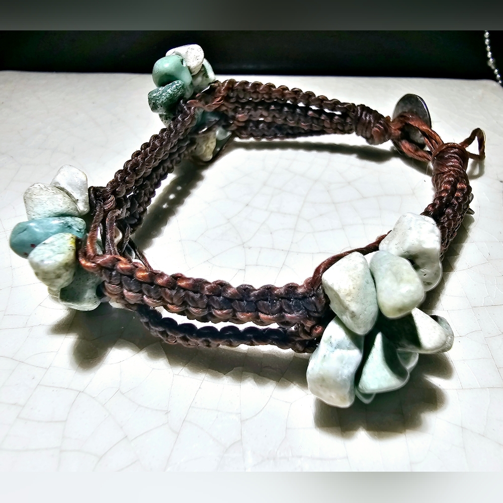 Braided brown bracelet with aquamarine color beads island vacation bracelet